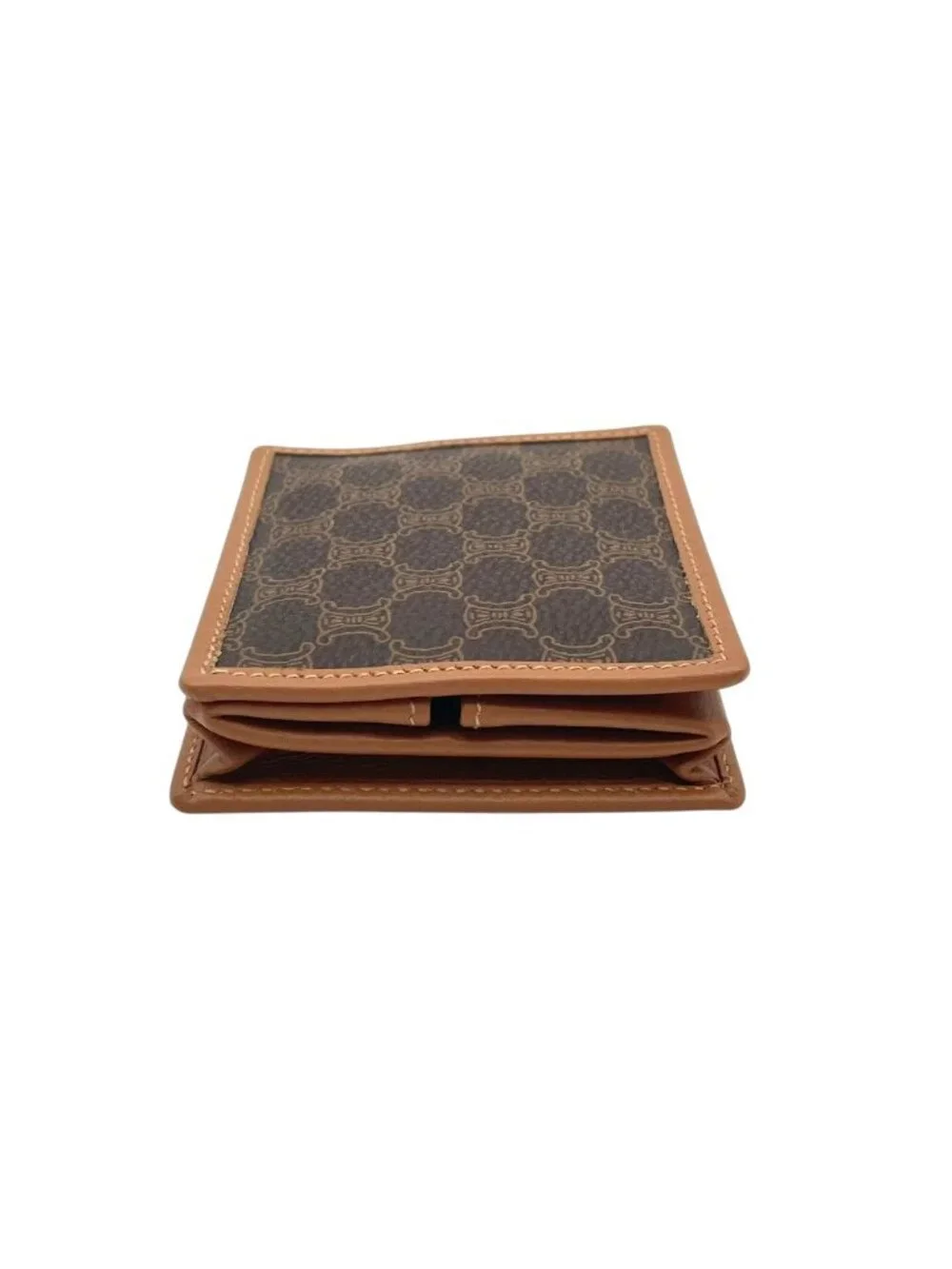 Celine Macadam Pattern Triomphe Compact Wallet Fold Mini Leather Camel Brown